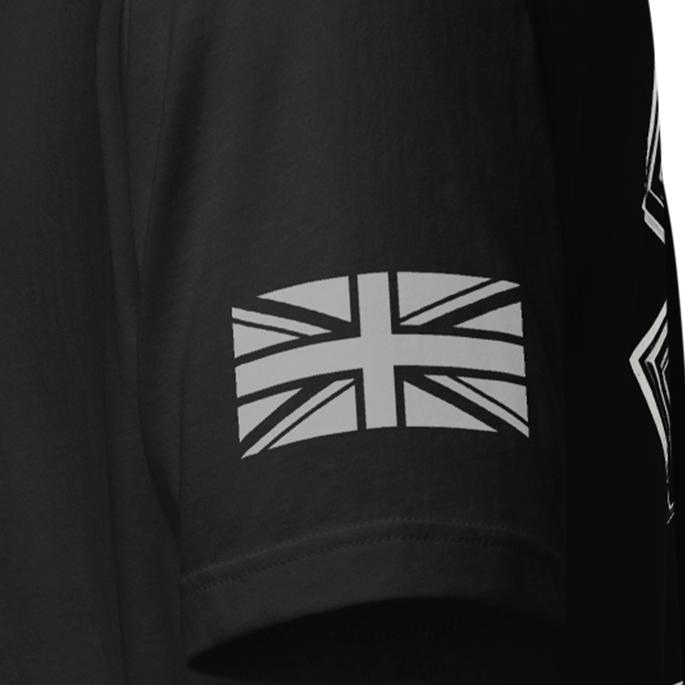 Close up of left sleeve of Black short sleeve unisex fit original cotton T-Shirt by Achilles Tactical Clothing Brand printed with Tactical Medic II design across back