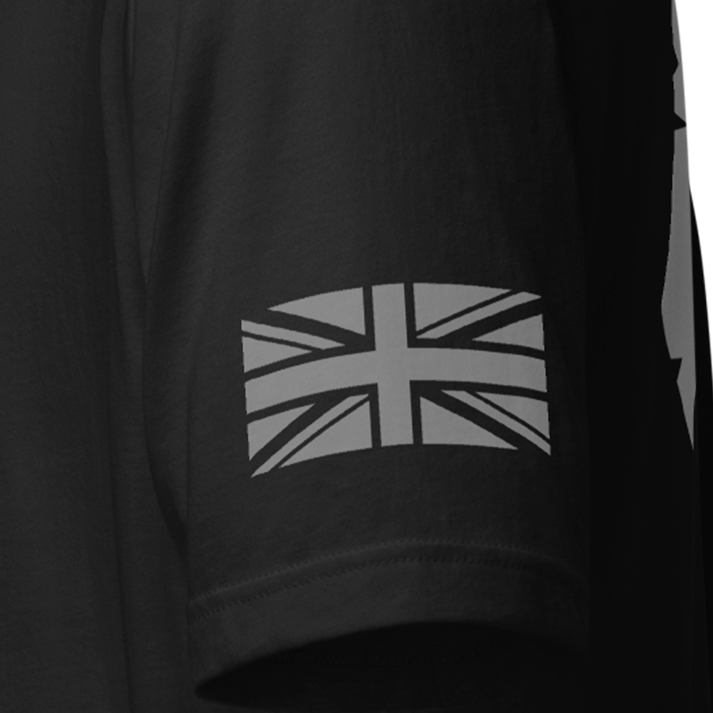 Close up of left sleeve of Black short sleeve unisex fit original cotton T-Shirt by Achilles Tactical Clothing Brand printed with The Defender design across back