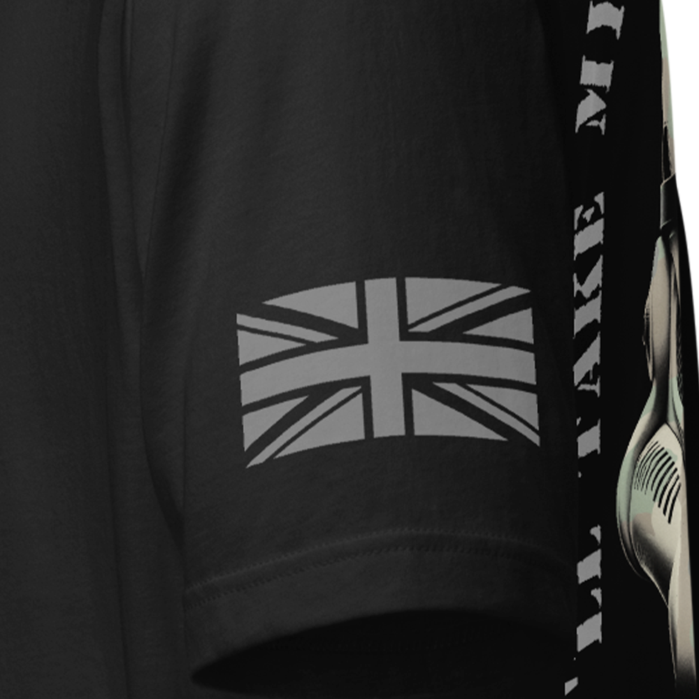 Close up of left sleeve of Black short sleeve unisex fit original cotton T-Shirt by Achilles Tactical Clothing Brand printed with The Trooper design across back