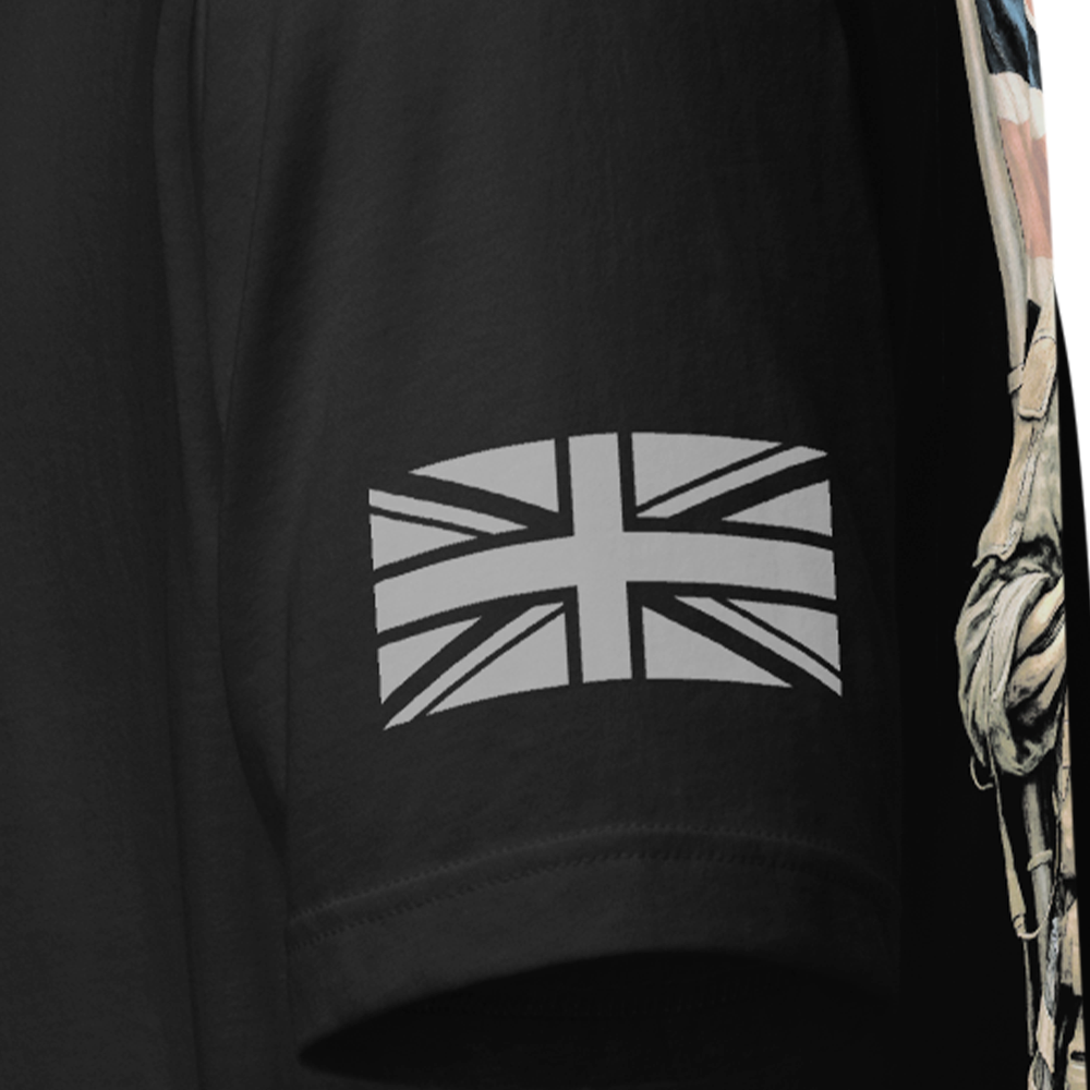 Close up of left sleeve of Black short sleeve unisex fit original cotton T-Shirt by Achilles Tactical Clothing Brand printed with This flag we defend design across back
