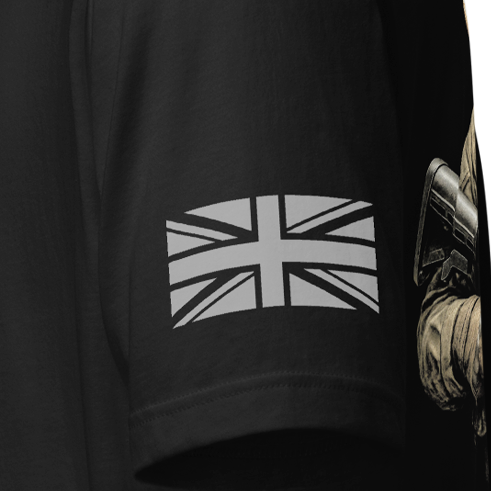 Close up of left sleeve of Black short sleeve unisex fit original cotton T-Shirt by Achilles Tactical Clothing Brand printed with War Pig design across back