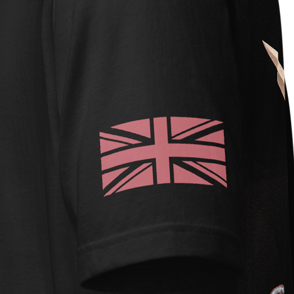 Close up of left sleeve of Black short sleeve unisex fit original cotton T-Shirt by Achilles Tactical Clothing Brand printed with Parachute regiment airborne design across back