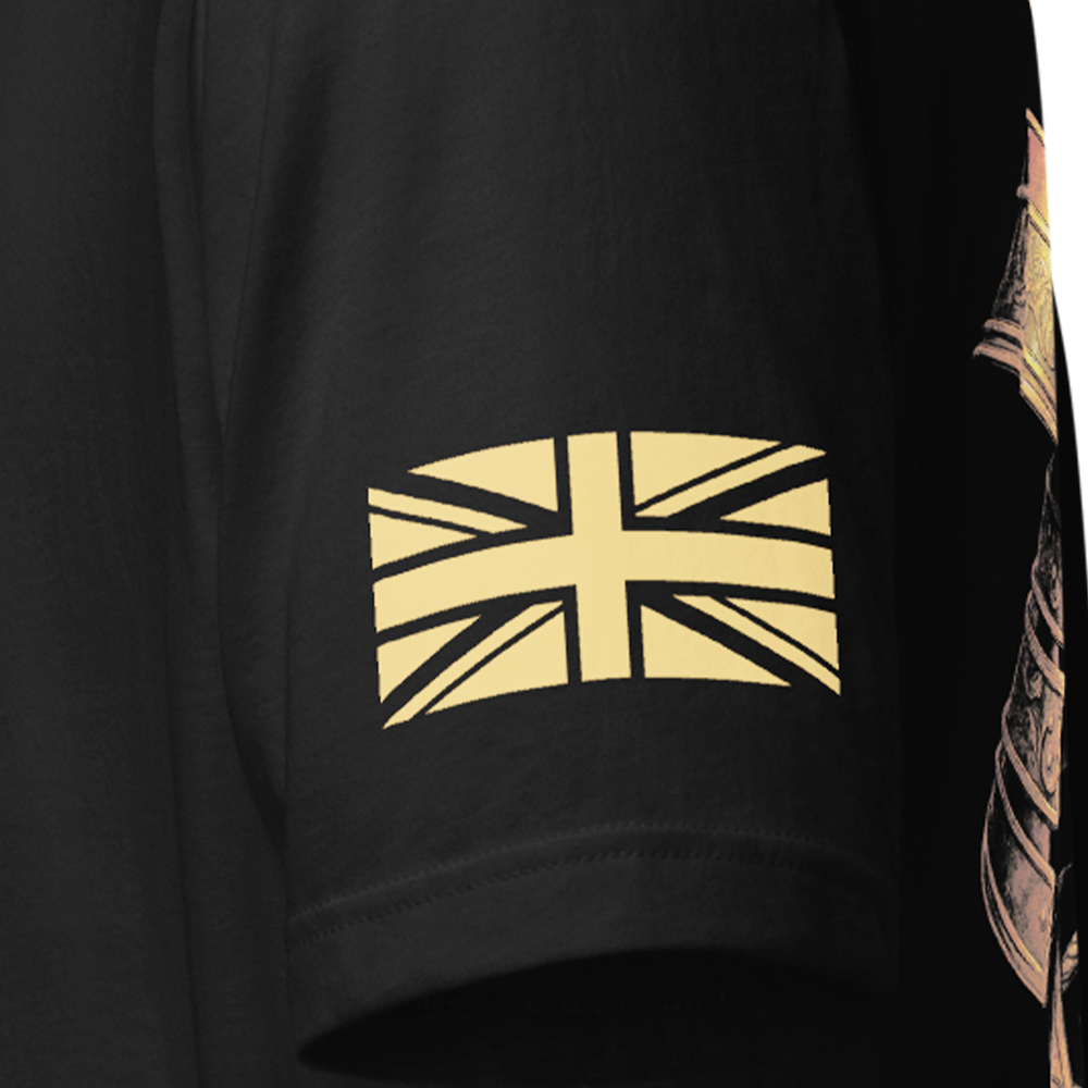 Close up of left sleeve of Black short sleeve unisex fit original cotton T-Shirt by Achilles Tactical Clothing Brand printed wi Ronin design across back
