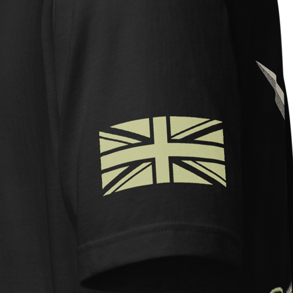 Close up of left sleeve of Black short sleeve unisex fit original cotton T-Shirt by Achilles Tactical Clothing Brand printed with Royal marines Commando design across back