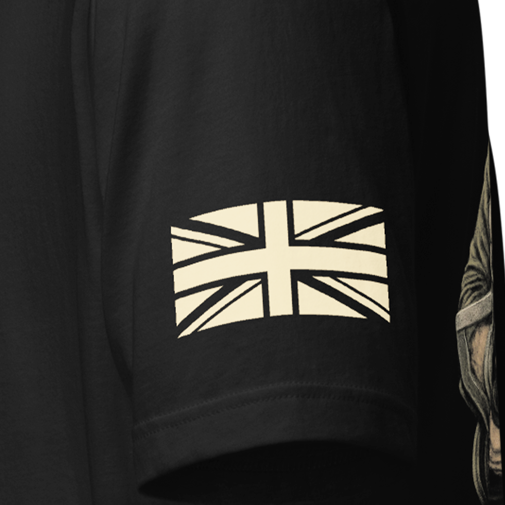 Close up of left sleeve of Black short sleeve unisex fit original cotton T-Shirt by Achilles Tactical Clothing Brand printed with Ol' Painless design across back