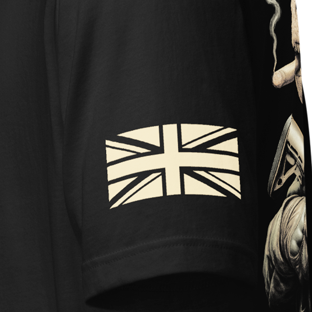 Close up of left sleeve of Black short sleeve unisex fit original cotton T-Shirt by Achilles Tactical Clothing Brand printed with Small Arms Specialist design across back
