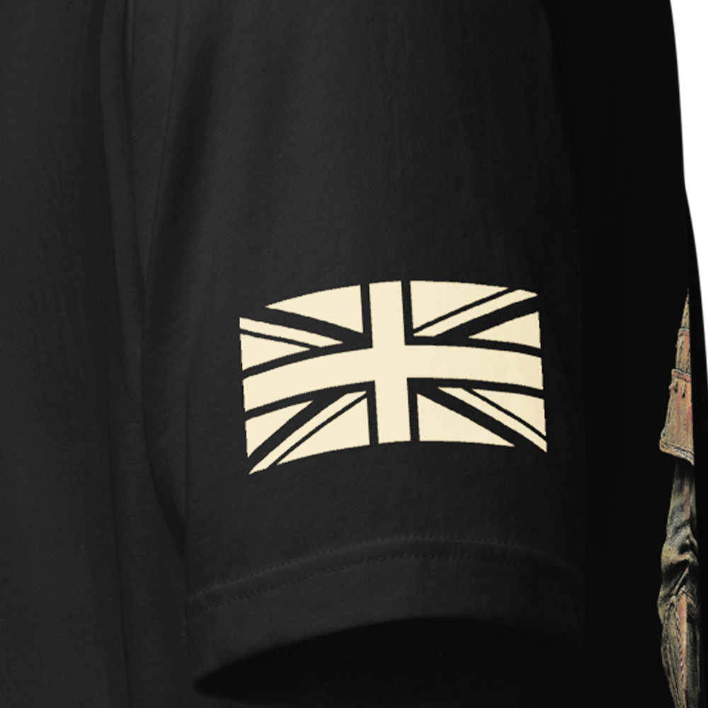 Close up of left sleeve of Black short sleeve unisex fit original cotton T-Shirt by Achilles Tactical Clothing Brand printed with Warrior in a garden design across back