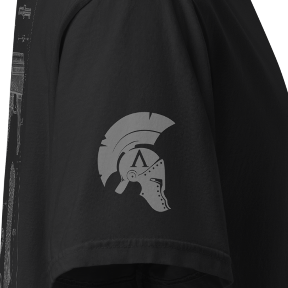 Close up of right sleeve of Black short sleeve unisex fit classic cotton T-Shirt by Achilles Tactical Clothing Brand printed with Large AK-47 design across back
