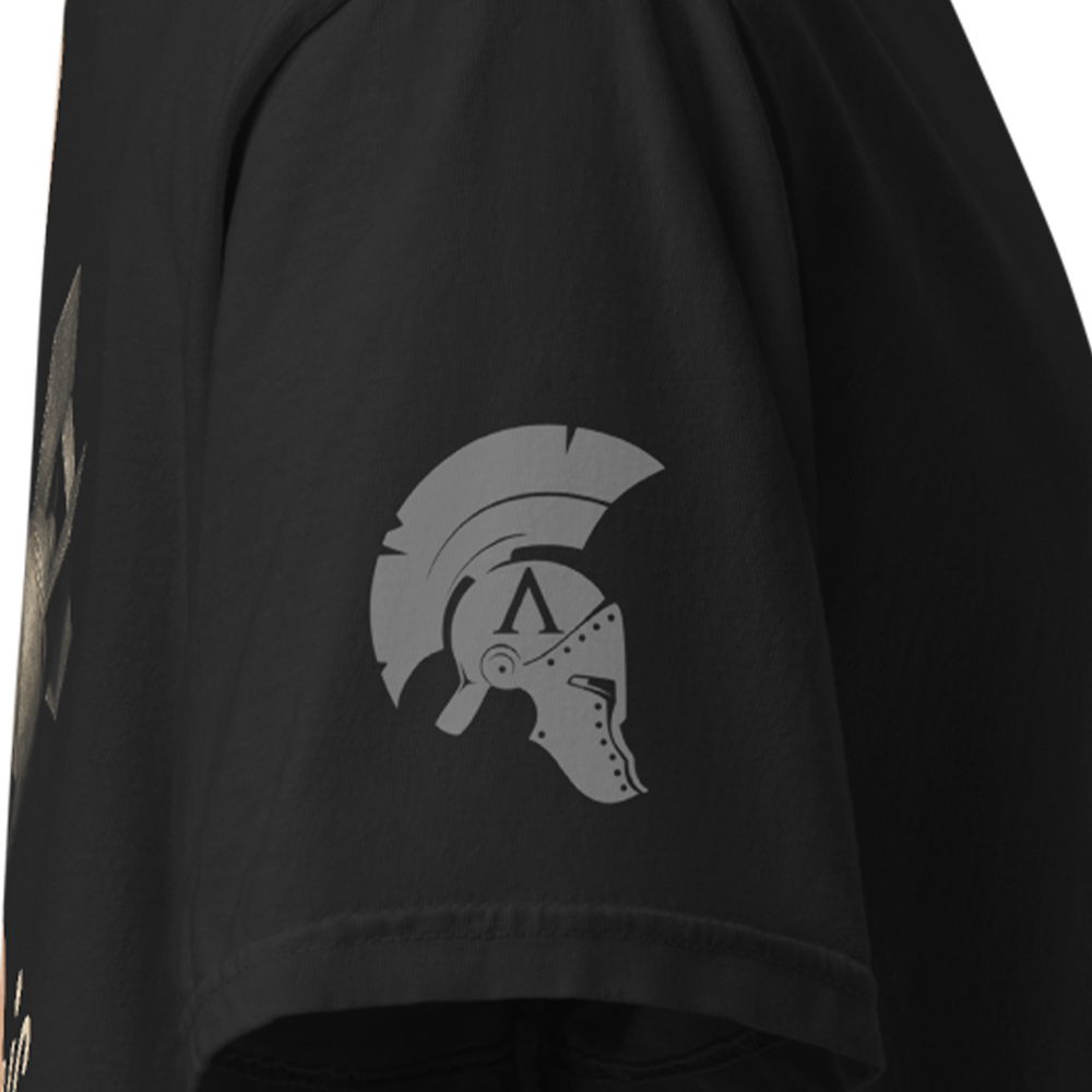 Close up of right sleeve of Black short sleeve unisex fit classic cotton T-Shirt by Achilles Tactical Clothing Brand printed with Large Atomic Bomb design across back