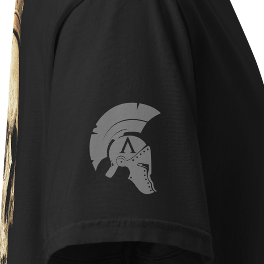 Close up of right sleeve of Black short sleeve unisex fit classic cotton T-Shirt by Achilles Tactical Clothing Brand printed with Large Heavy is the head design across back
