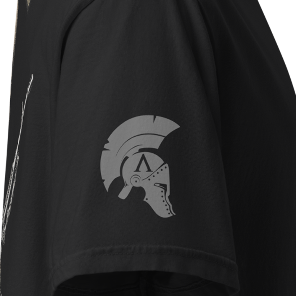 Close up of right sleeve of Black short sleeve unisex fit classic cotton T-Shirt by Achilles Tactical Clothing Brand printed with Large machine gunner design across back