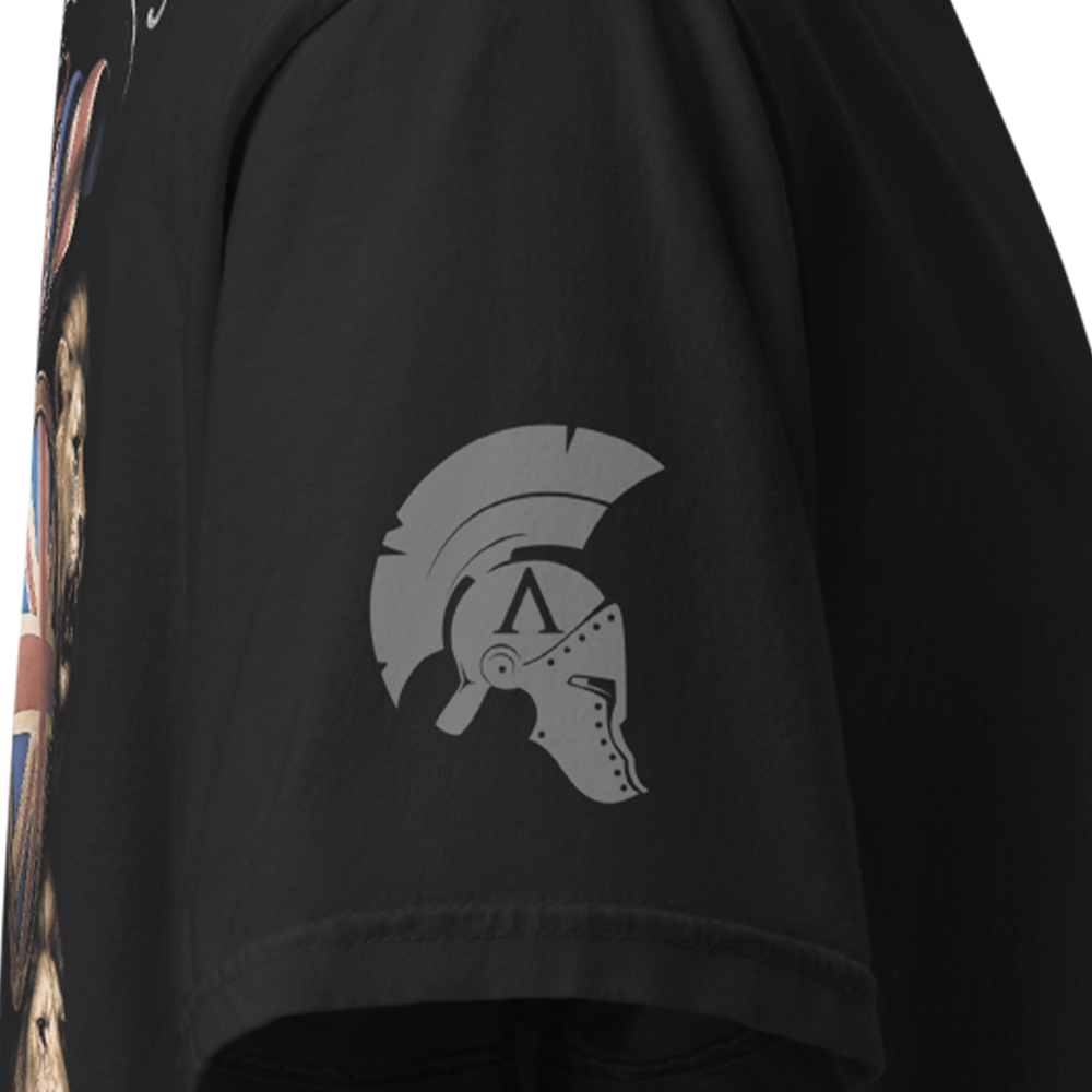 Close up of right sleeve of Black short sleeve unisex fit classic cotton T-Shirt by Achilles Tactical Clothing Brand printed with Large Rule Britannia design across back