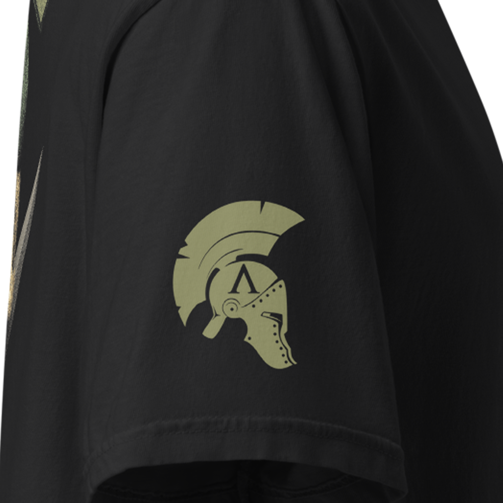 Close up of right sleeve of Black short sleeve unisex fit classic cotton T-Shirt by Achilles Tactical Clothing Brand printed with Large Royal Marines Commando design across back 