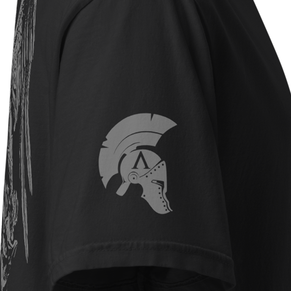 Close up of right sleeve of Black short sleeve unisex fit classic cotton T-Shirt by Achilles Tactical Clothing Brand printed with Large Saint Michael design across back