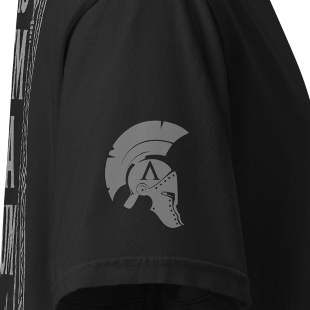 Close up of right sleeve of Black short sleeve unisex fit classic cotton T-Shirt by Achilles Tactical Clothing Brand printed with Large Si Vis Pacem design across back