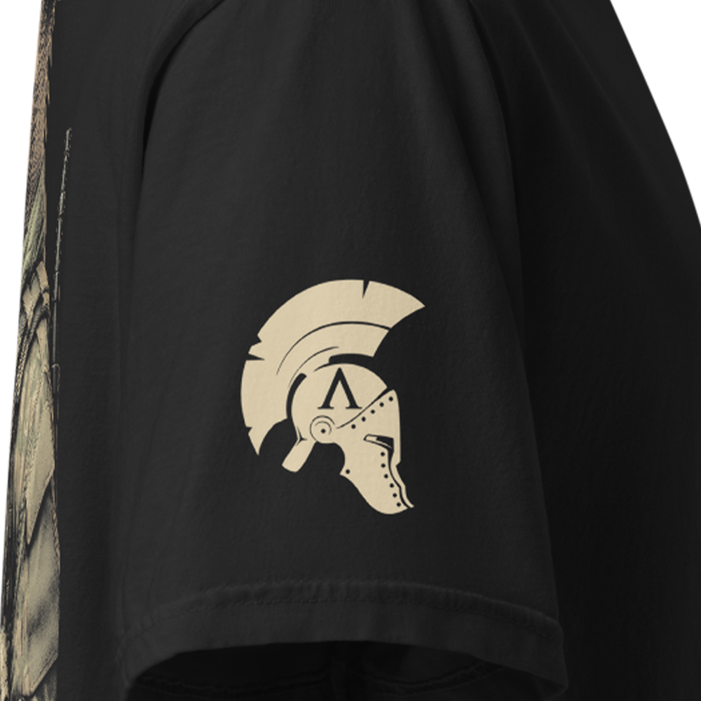 Close up of right sleeve of Black short sleeve unisex fit classic cotton T-Shirt by Achilles Tactical Clothing Brand printed with Large Small Arms Specialist design across back
