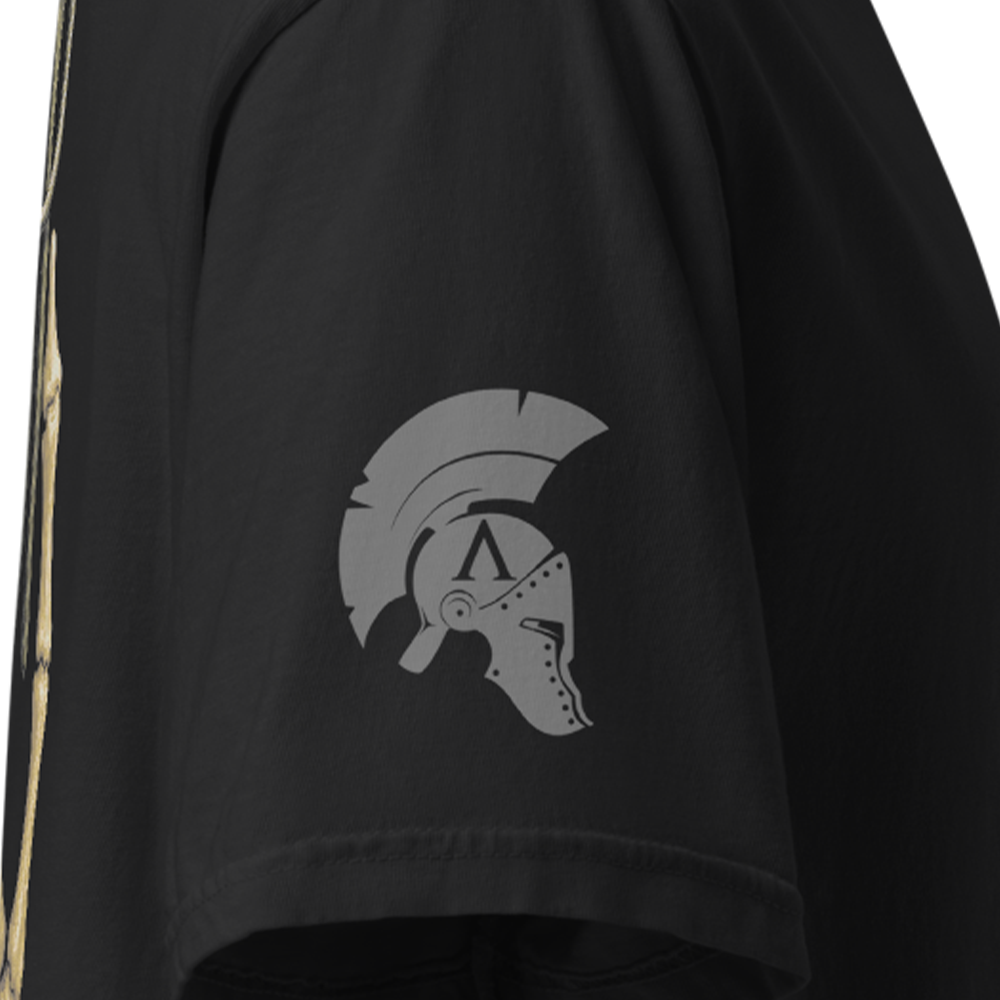Close up of right sleeve of Black short sleeve unisex fit classic cotton T-Shirt by Achilles Tactical Clothing Brand printed with Large There's Always Plan B design across back