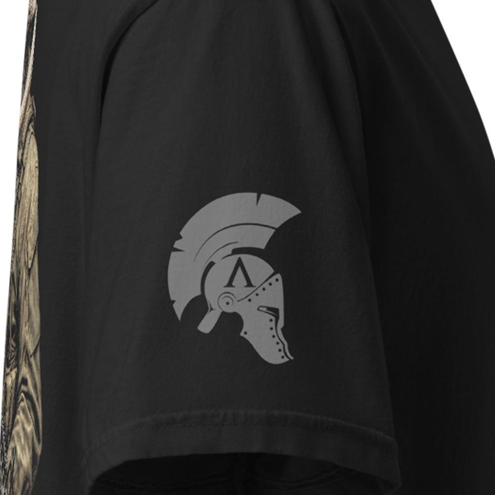 Close up of right sleeve of Black short sleeve unisex fit classic cotton T-Shirt by Achilles Tactical Clothing Brand printed with Large War pig design across back