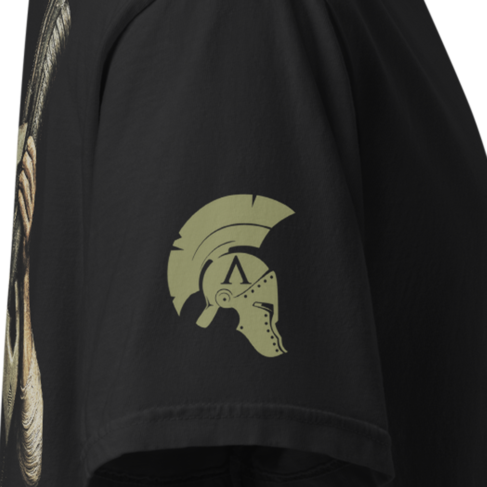 Close up of right sleeve of Black short sleeve unisex fit classic cotton T-Shirt by Achilles Tactical Clothing Brand printed with Large Game over man design across back