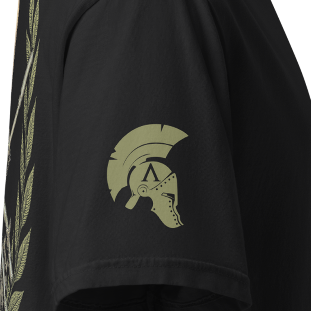 Close up of right sleeve of Black short sleeve unisex fit classic cotton T-Shirt by Achilles Tactical Clothing Brand printed with Large TRO design across back