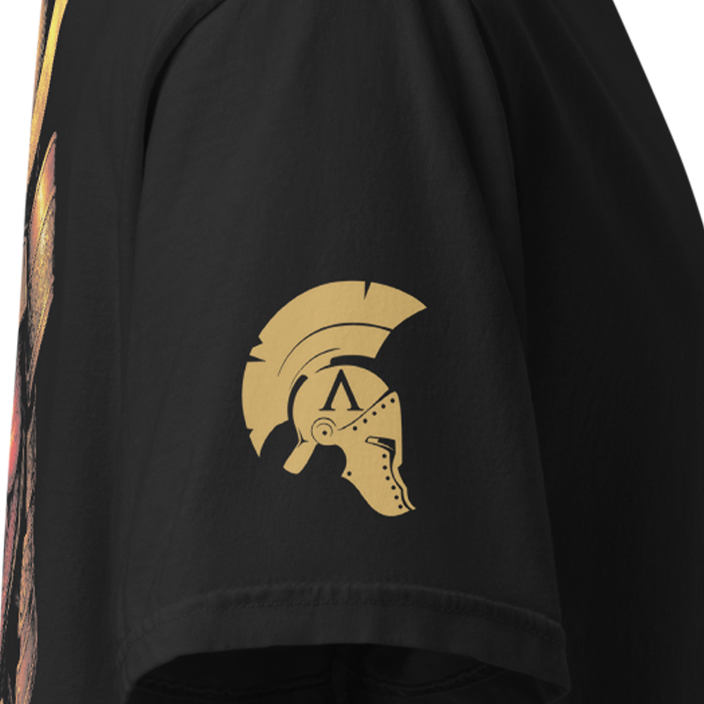 Close up of right sleeve of Black short sleeve unisex fit classic cotton T-Shirt by Achilles Tactical Clothing Brand printed with Large Ronin design across back