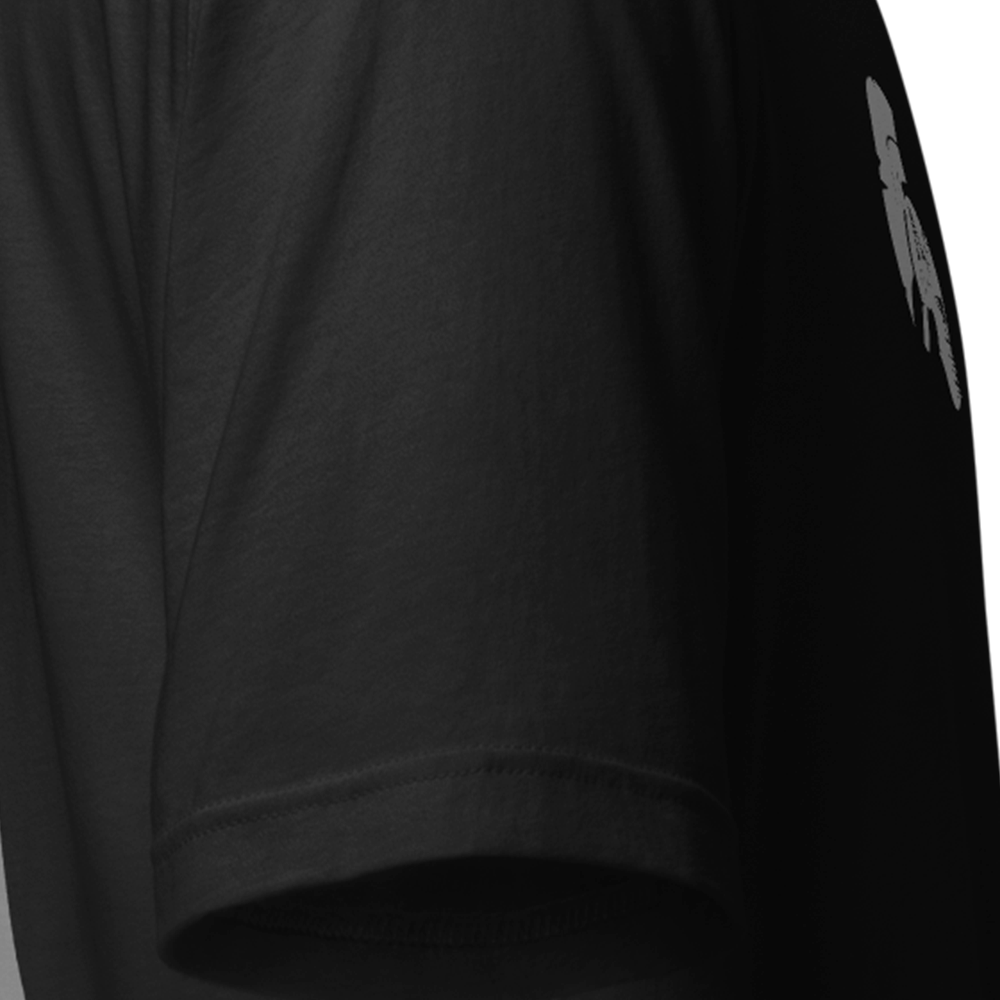 Close up of right sleeve of Black short sleeve unisex fit original cotton T-Shirt by Achilles Tactical Clothing Brand printed with A Brand design across back