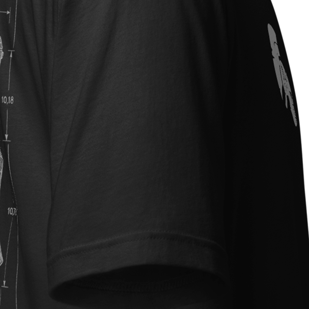 Close up of right sleeve of Black short sleeve unisex fit original cotton T-Shirt by Achilles Tactical Clothing Brand printed with AK-47 design across back