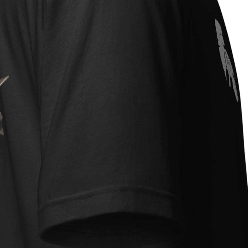 Close up of right sleeve of Black short sleeve unisex fit original cotton T-Shirt by Achilles Tactical Clothing Brand printed with Atomic bomb design across back