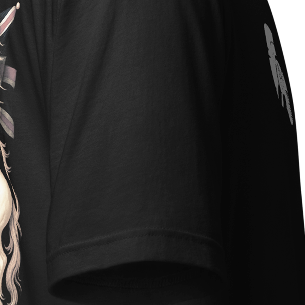 Close up of right sleeve of Black short sleeve unisex fit original cotton T-Shirt by Achilles Tactical Clothing Brand printed with Dieu Et Mon Droit design across back