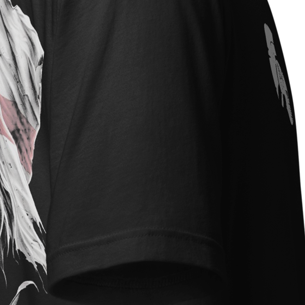 Close up of right sleeve of Black short sleeve unisex fit original cotton T-Shirt by Achilles Tactical Clothing Brand printed with English Knight design across back