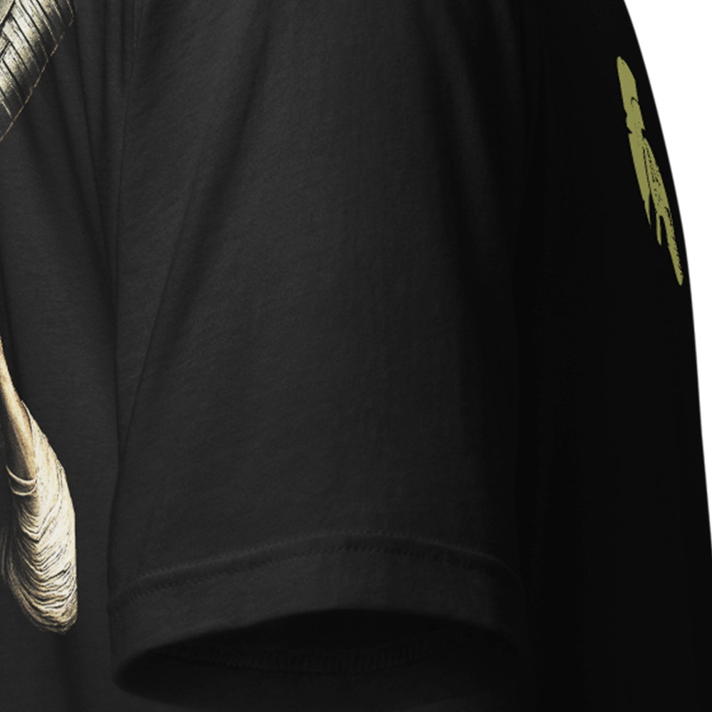 Close up of right sleeve of Black short sleeve unisex fit original cotton T-Shirt by Achilles Tactical Clothing Brand printed with Game over design across back