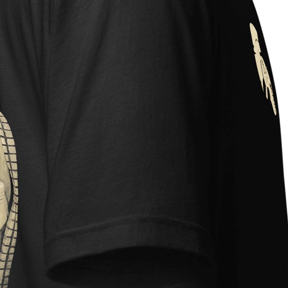 Close up of right sleeve of Black short sleeve unisex fit original cotton T-Shirt by Achilles Tactical Clothing Brand printed with Ol' Painless design across back