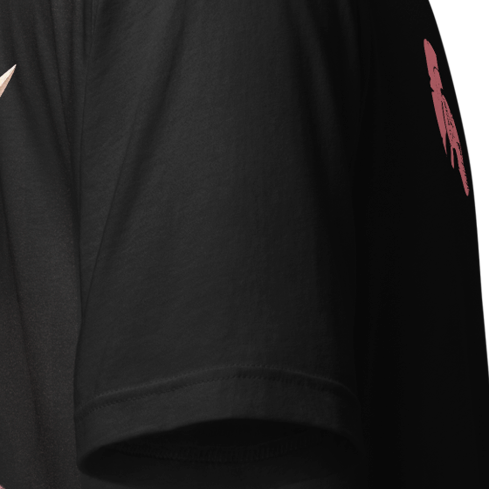 Close up of right sleeve of Black short sleeve unisex fit original cotton T-Shirt by Achilles Tactical Clothing Brand printed with Parachute regiment airborne design across back