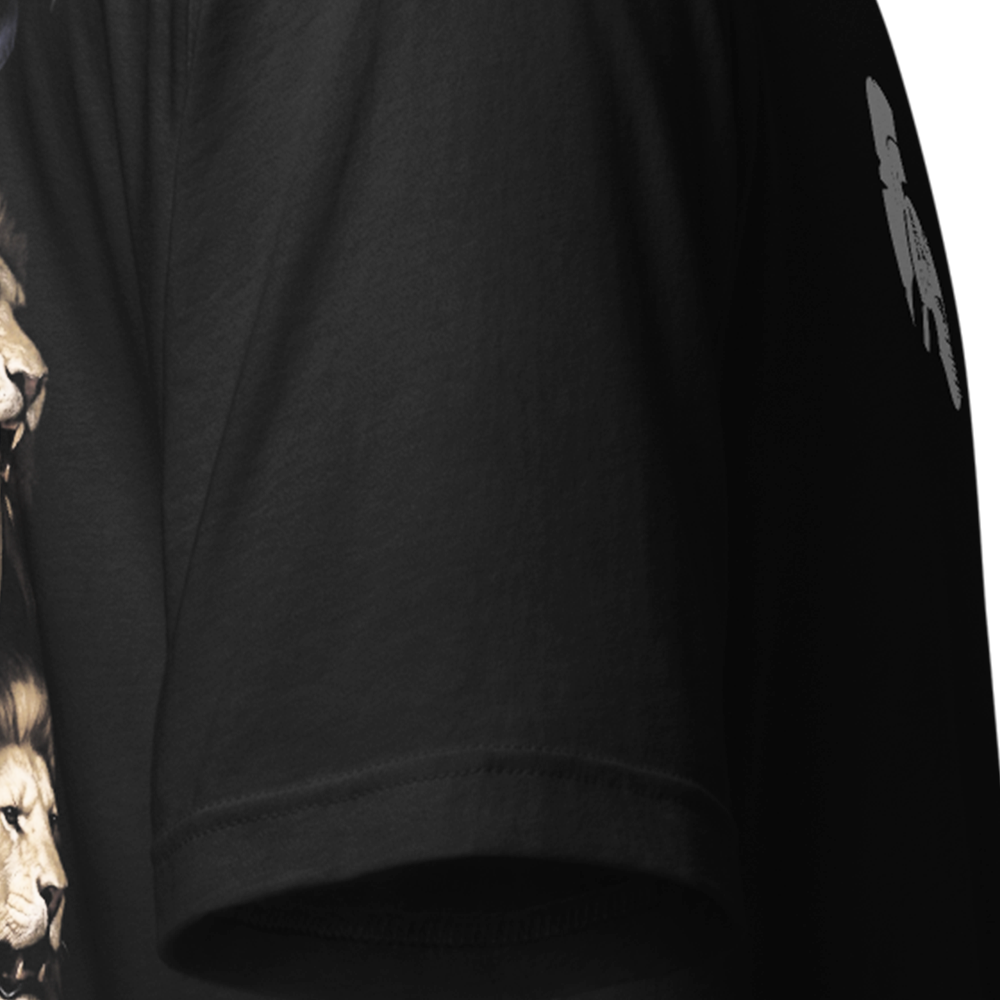 Close up of right sleeve of Black short sleeve unisex fit original cotton T-Shirt by Achilles Tactical Clothing Brand printed with Rule Britannia design across back