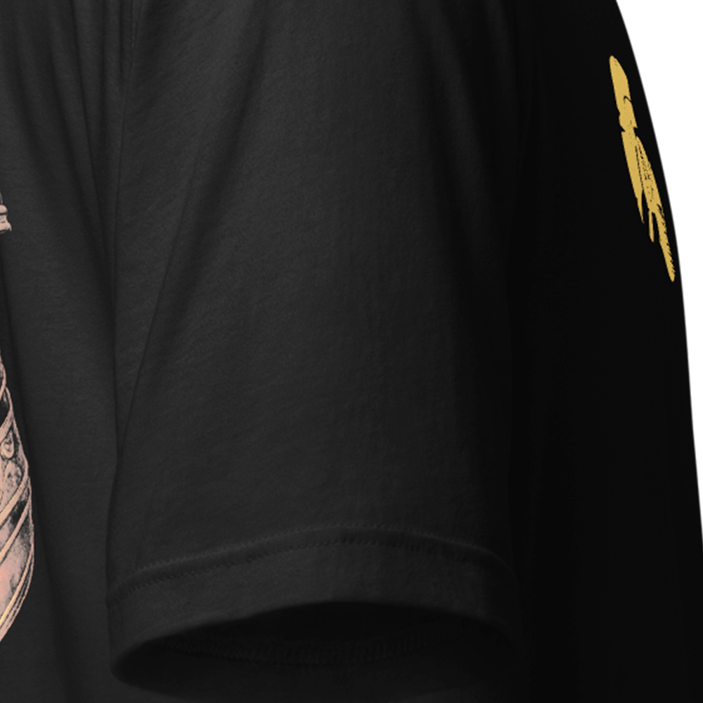 Close up of right sleeve of Black short sleeve unisex fit original cotton T-Shirt by Achilles Tactical Clothing Brand printed wi Ronin design across back
