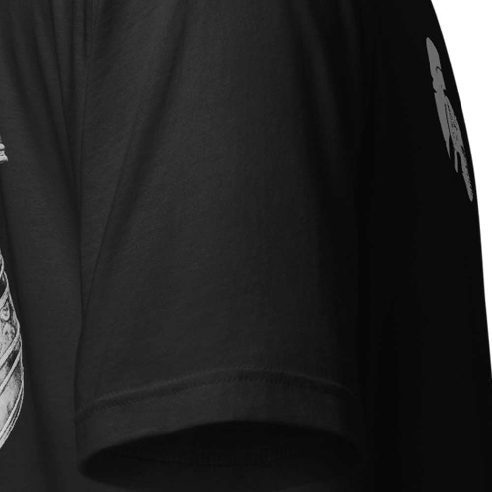 Close up of right sleeve of Black short sleeve unisex fit original cotton T-Shirt by Achilles Tactical Clothing Brand printed with Ronin Ghost Grey design across back
