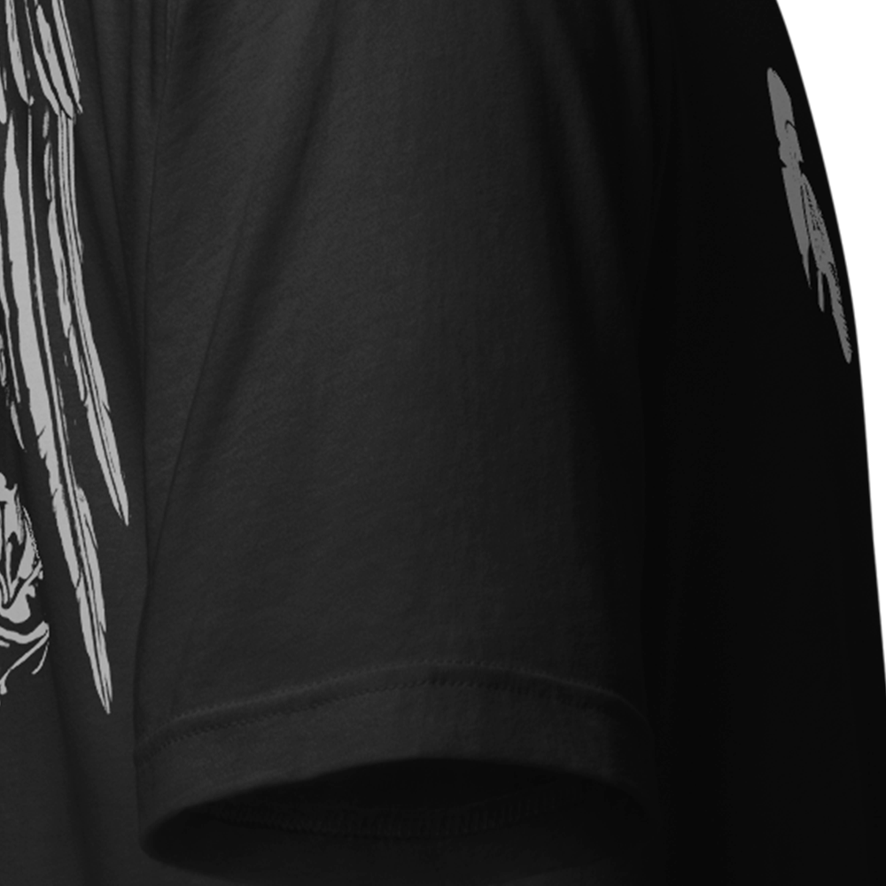 Close up of right sleeve of Black short sleeve unisex fit original cotton T-Shirt by Achilles Tactical Clothing Brand printed with Saint Michael design across back