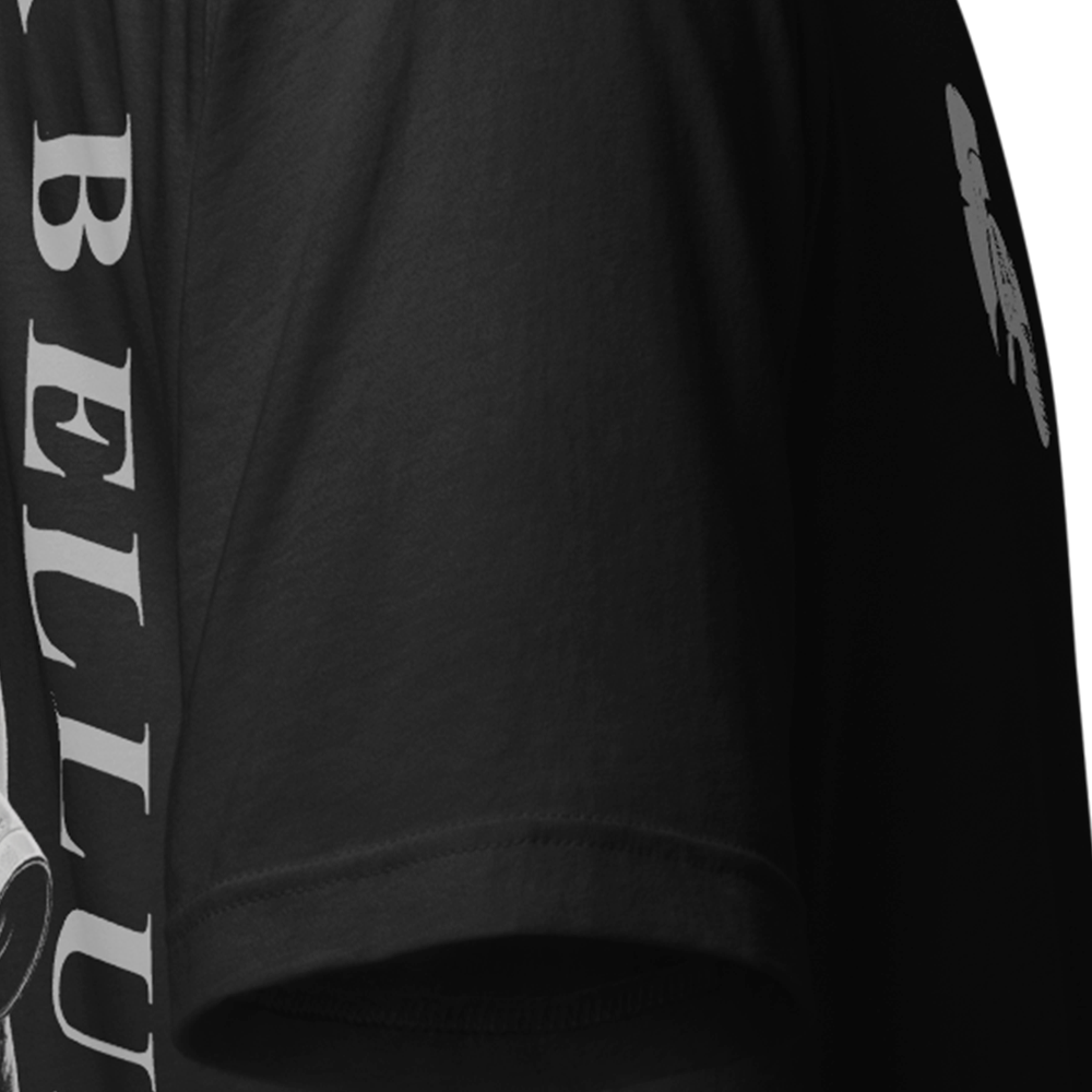 Close up of right sleeve of Black short sleeve unisex fit original cotton T-Shirt by Achilles Tactical Clothing Brand printed with Si Vis Pacem Para Bellum design across back