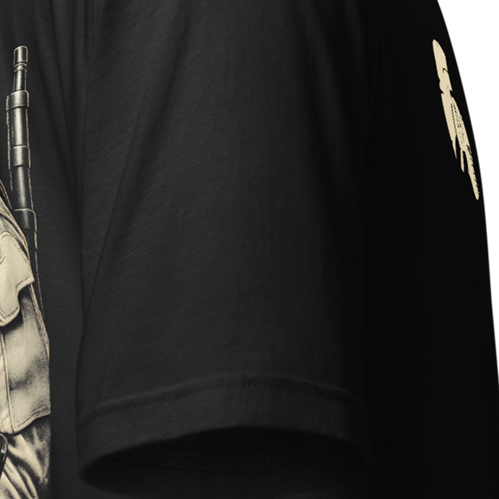 Close up of right sleeve of Black short sleeve unisex fit original cotton T-Shirt by Achilles Tactical Clothing Brand printed with Small Arms Specialist design across back