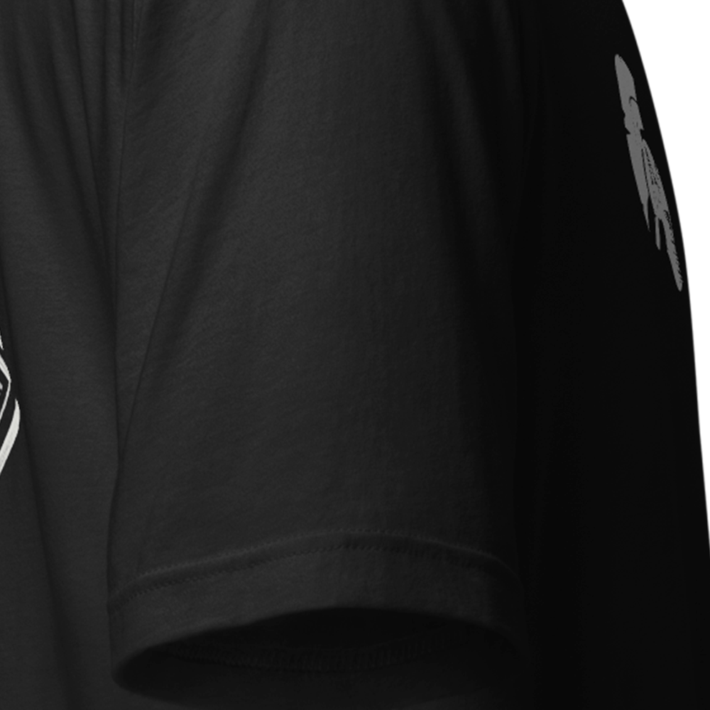 Close up of right sleeve of Black short sleeve unisex fit original cotton T-Shirt by Achilles Tactical Clothing Brand printed with Tactical Medic II design across back