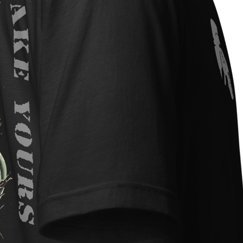 Close up of right sleeve of Black short sleeve unisex fit original cotton T-Shirt by Achilles Tactical Clothing Brand printed with The Trooper design across back