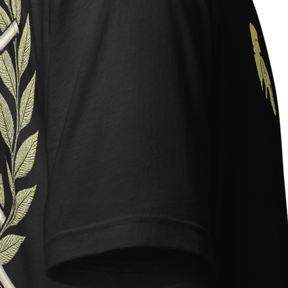 Close up of right sleeve of Black short sleeve unisex fit original cotton T-Shirt by Achilles Tactical Clothing Brand printed with TRO design across back