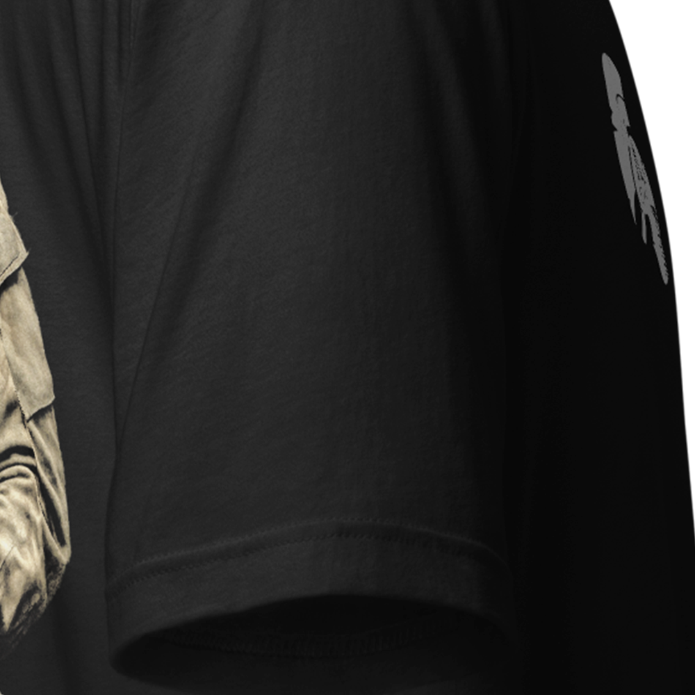 Close up of right sleeve of Black short sleeve unisex fit original cotton T-Shirt by Achilles Tactical Clothing Brand printed with War Pig design across back