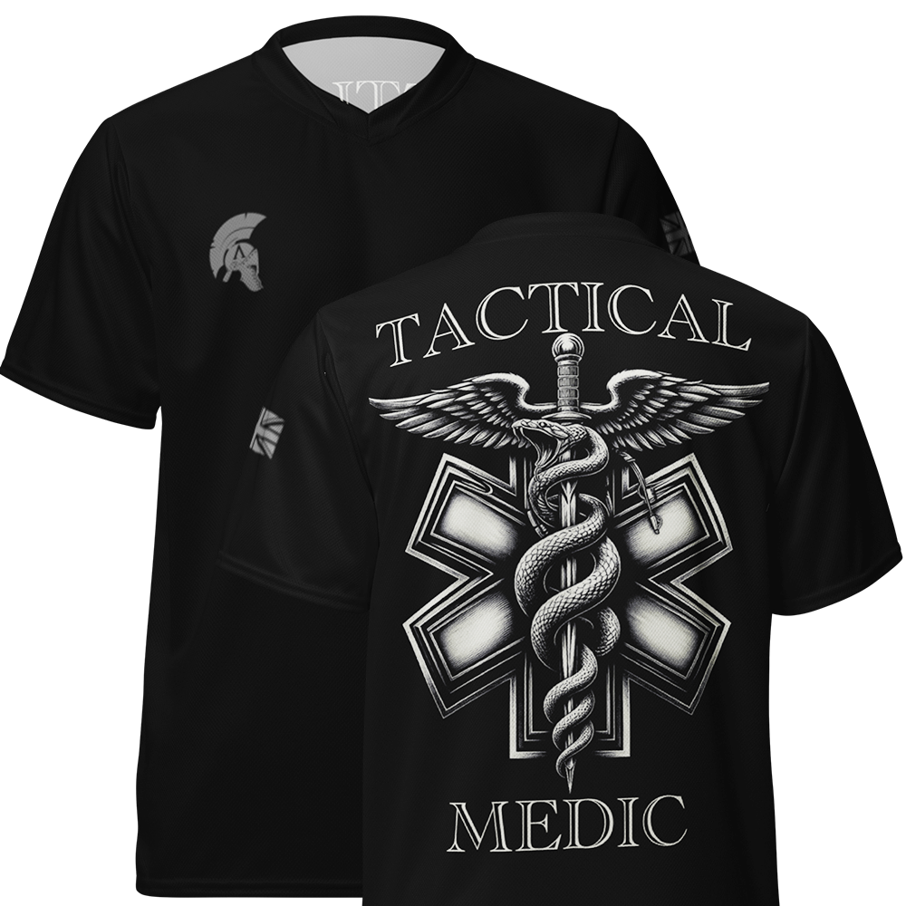 Front and Back view of black short sleeve unisex fit Performance Physical training  PT Jersey by Achilles Tactical Clothing Brand with Tactical Medic Design across back