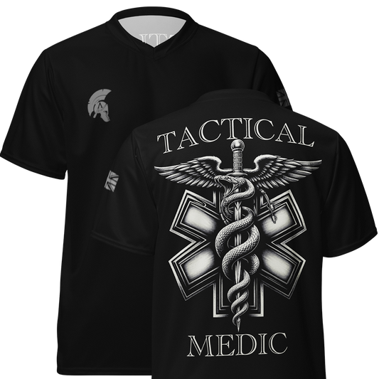 Front and Back view of black short sleeve unisex fit Performance Physical training  PT Jersey by Achilles Tactical Clothing Brand with Tactical Medic Design across back