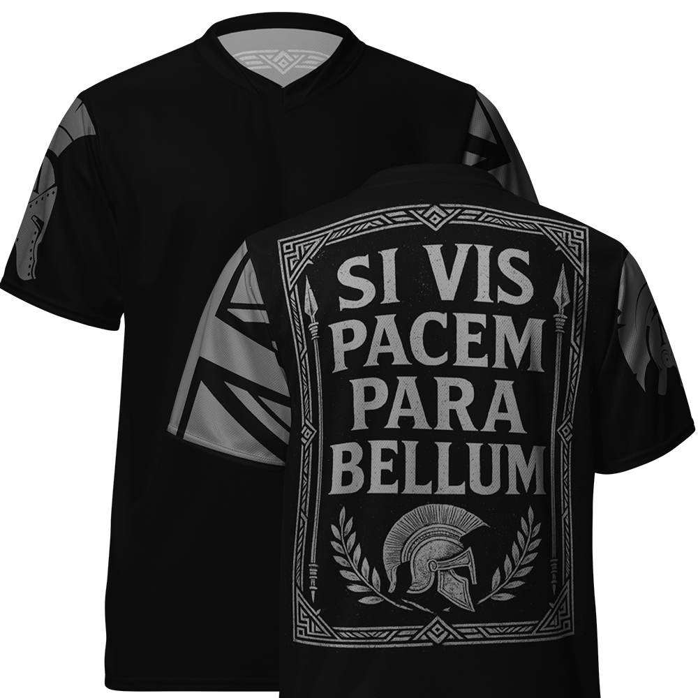 Front and Back view of black short sleeve unisex fit Performance Physical training  PT Jersey by Achilles Tactical Clothing Brand with Si Vis Pacem quote Design across back