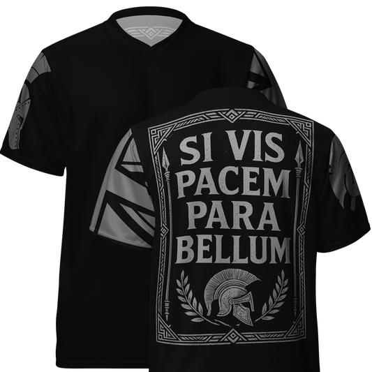 Front and Back view of black short sleeve unisex fit Performance Physical training  PT Jersey by Achilles Tactical Clothing Brand with Si Vis Pacem quote Design across back