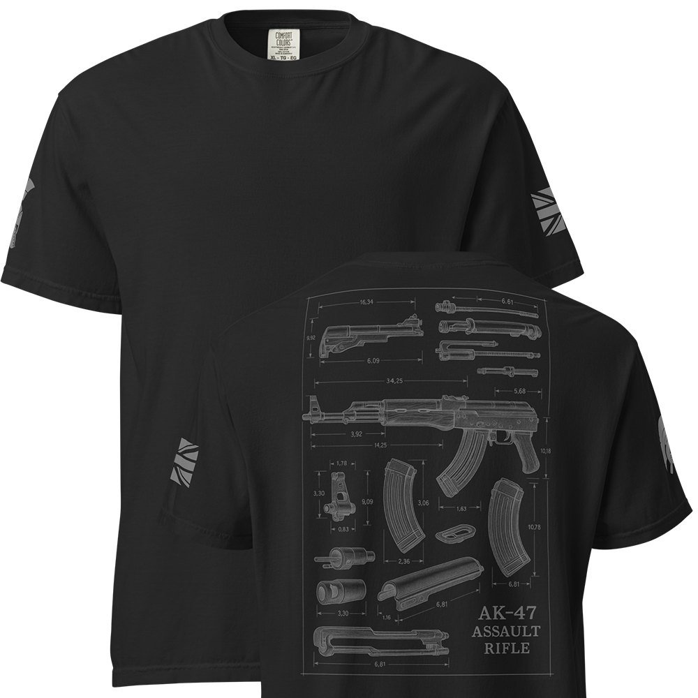 Front and back view of Black short sleeve unisex fit classic cotton T-Shirt by Achilles Tactical Clothing Brand printed with Large AK-47 design across back