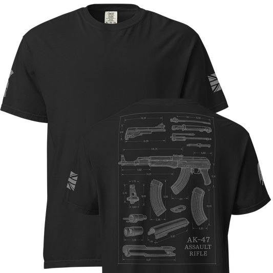 Front and back view of Black short sleeve unisex fit classic cotton T-Shirt by Achilles Tactical Clothing Brand printed with Large AK-47 design across back