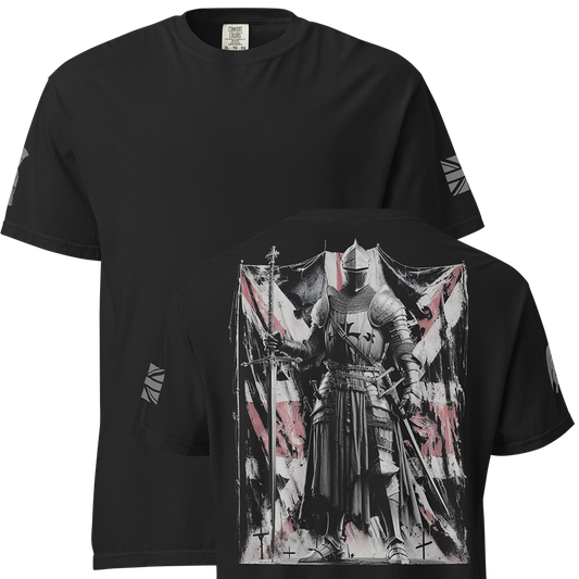 Front and back view of Black short sleeve unisex fit classic cotton T-Shirt by Achilles Tactical Clothing Brand printed with Large British Knight design across back